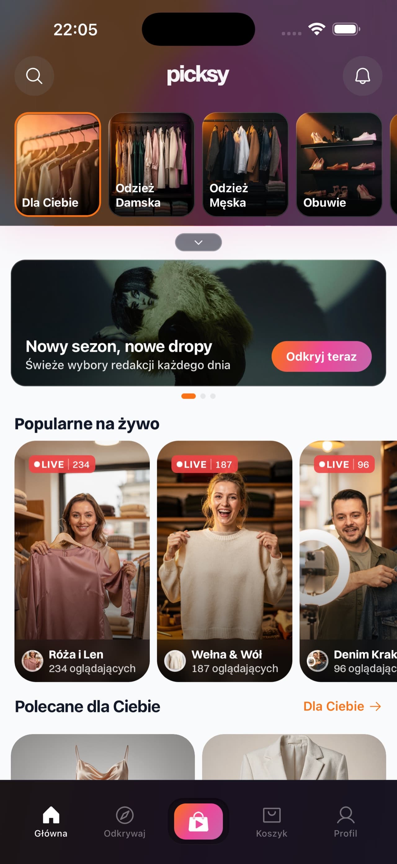 Ekran główny aplikacji picksy z transmisjami na żywo i kategoriami mody